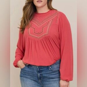 Torrid Womens top 1X Boho Chic Coral Orange Embroidered Floral Tunic Keyhole NWT